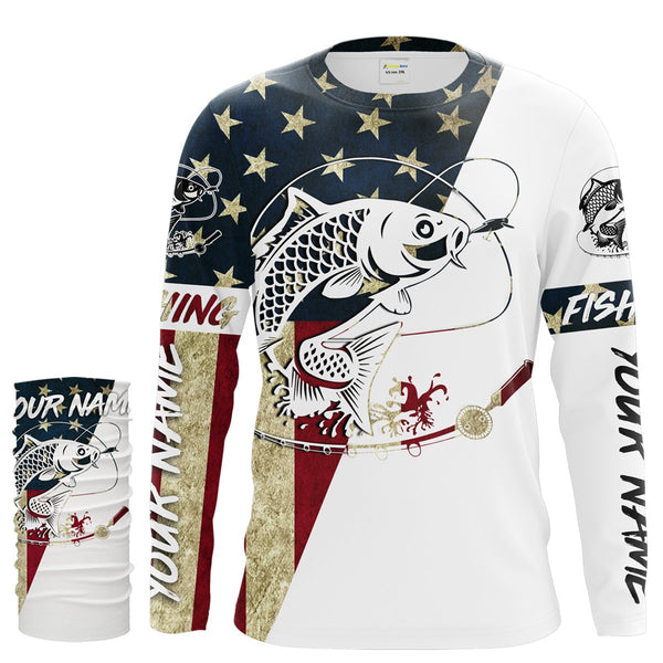 Personalized Carp Fishing American Flag Long Sleeve Fishing Shirts, Patriotic Fishing gifts - IPHW1256