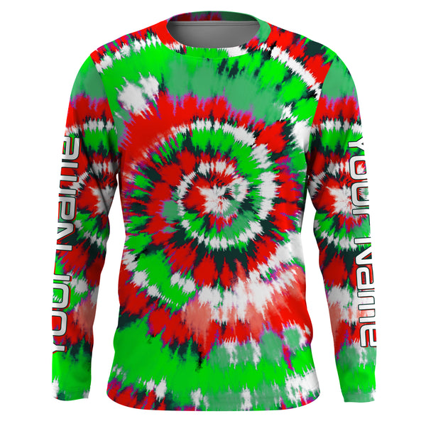 Green and red Christmas Tie dye Custom Shirts, Long Sleeve performance Christmas Fishing gifts - IPHW1719