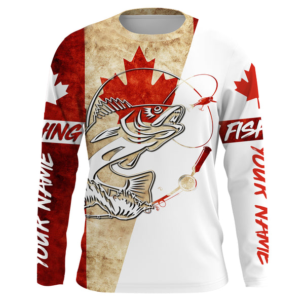 Canada Flag Walleye Fishing Custom long sleeve performance Fishing Shirts, Walleye Fishing jerseys IPHW2853