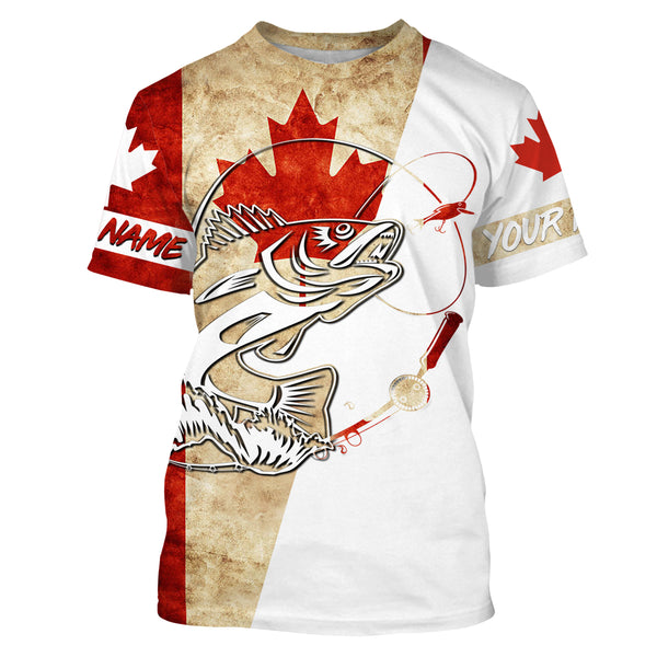 Canada Flag Walleye Fishing Custom long sleeve performance Fishing Shirts, Walleye Fishing jerseys IPHW2853