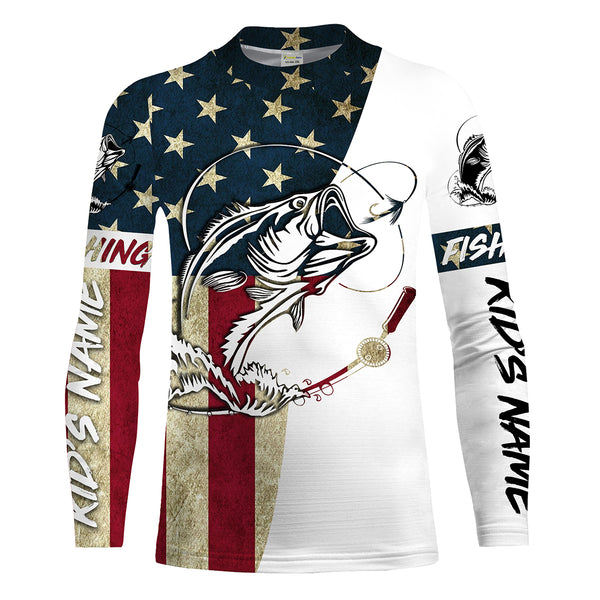 Bass fish Fly Fishing American Flag Custom UV Long Sleeve Fishing Shirts,vintage Patriotic Fishing Shirts - IPHW1598