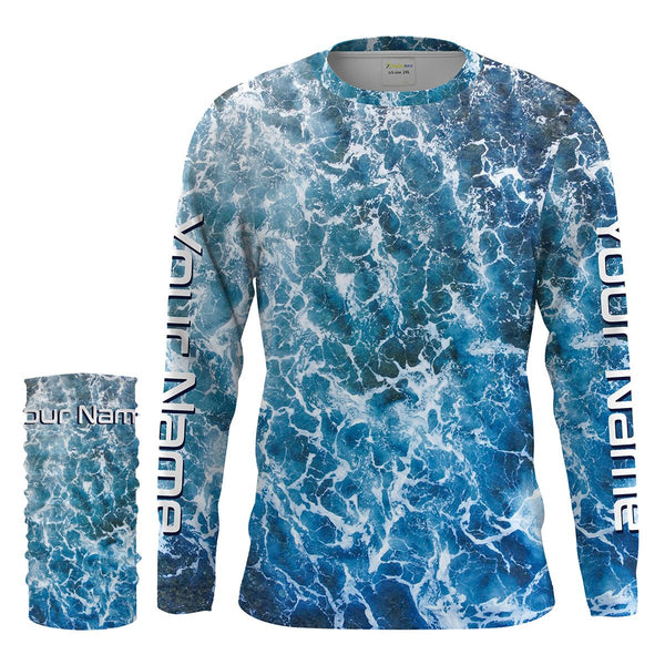 Custom Saltwater Long sleeve Fishing Shirts UV Protection, Sea wave camo Fishing Shirts - IPHW1330