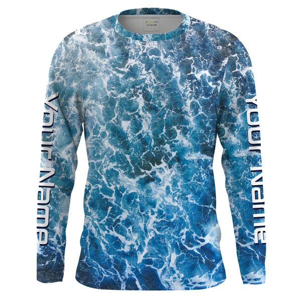 Custom Saltwater Long sleeve Fishing Shirts UV Protection, Sea wave camo Fishing Shirts - IPHW1330