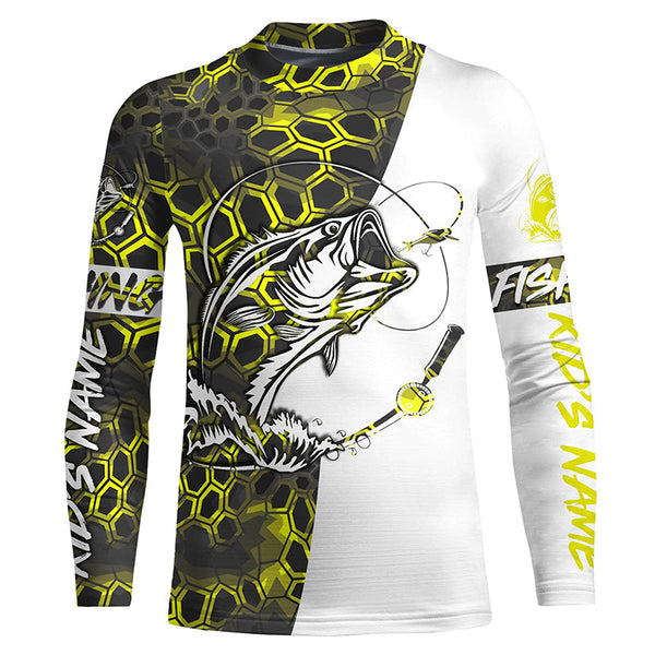 Personalized Bass Fishing Jerseys, Bass Fishing Long Sleeve Fishing Tournament Shirts | Yellow Camo IPHW4281