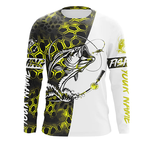 Personalized Bass Fishing Jerseys, Bass Fishing Long Sleeve Fishing Tournament Shirts | Yellow Camo IPHW4281