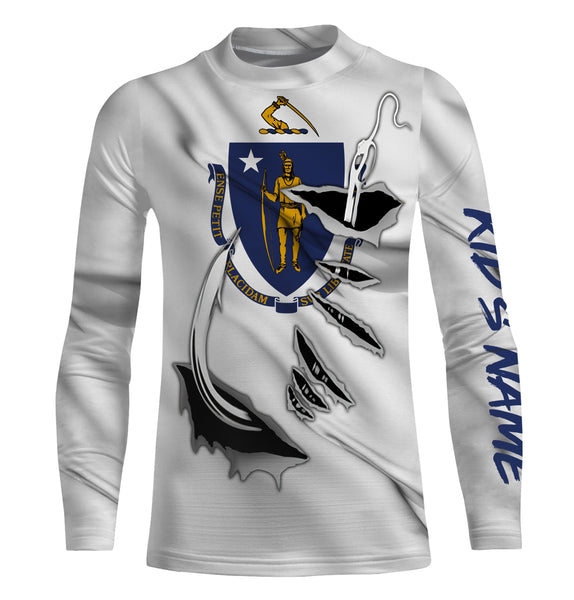 Massachusetts Flag 3D Fish Hook UV Protection Custom Long Sleeve performance Fishing Shirts IPHW494