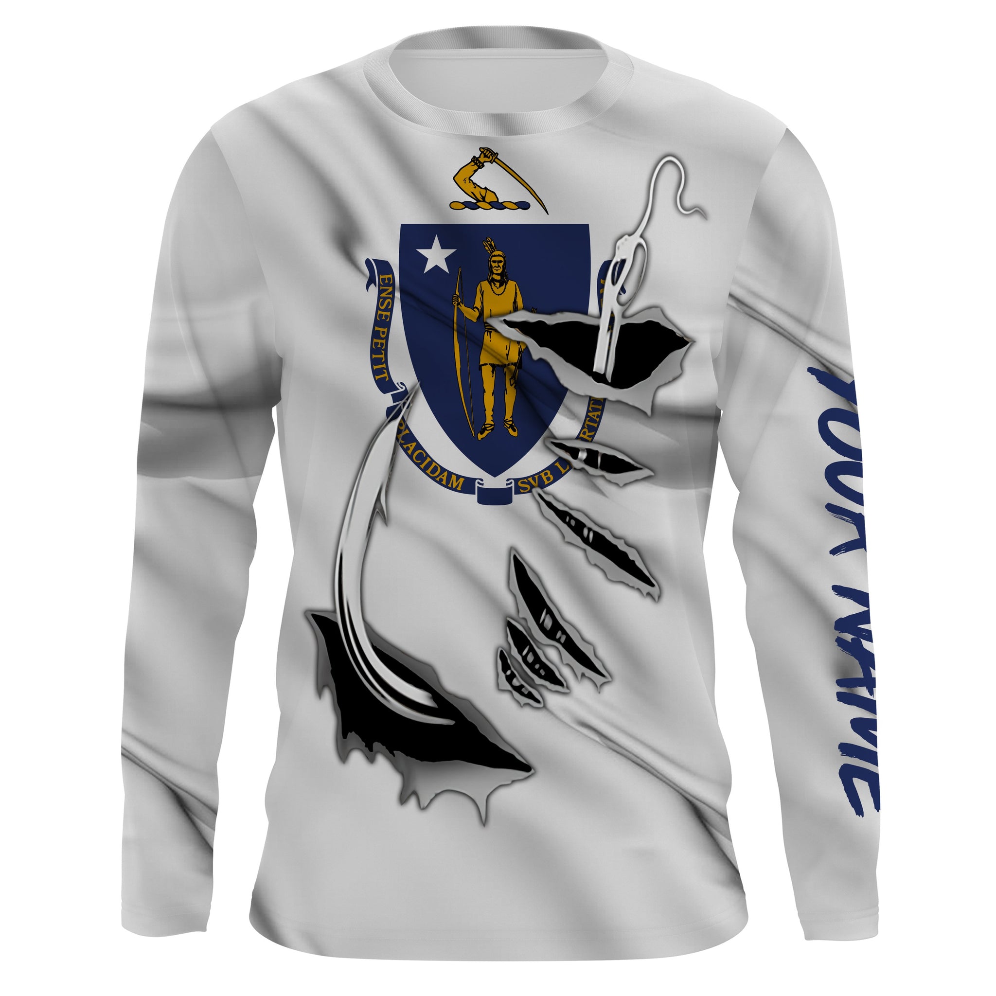 Massachusetts Flag 3D Fish Hook UV Protection Custom Long Sleeve performance Fishing Shirts IPHW494