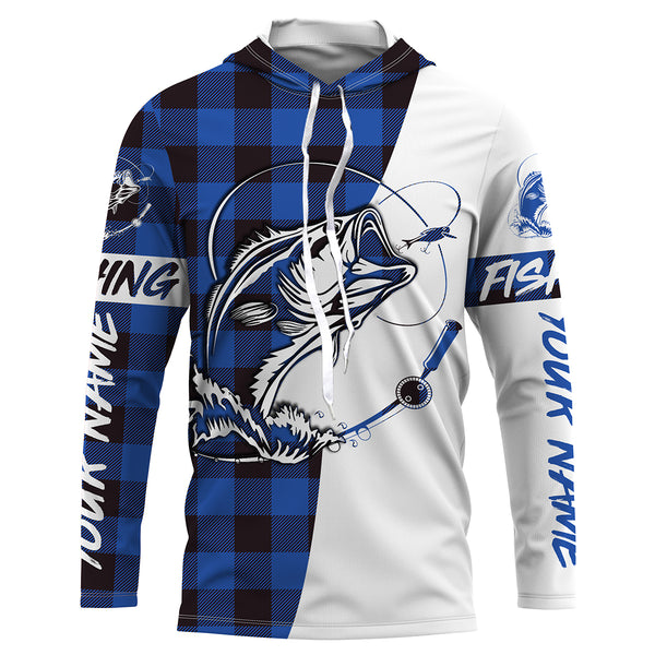 Custom Bass Fishing Blue Plaid Fishing Shirts, Fall Bass Fishing UV Long sleeve Fishing Shirts, Fishing Christmas gifts - IPHW1856