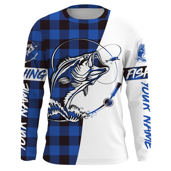 Custom Bass Fishing Blue Plaid Fishing Shirts, Fall Bass Fishing UV Long sleeve Fishing Shirts, Fishing Christmas gifts - IPHW1856