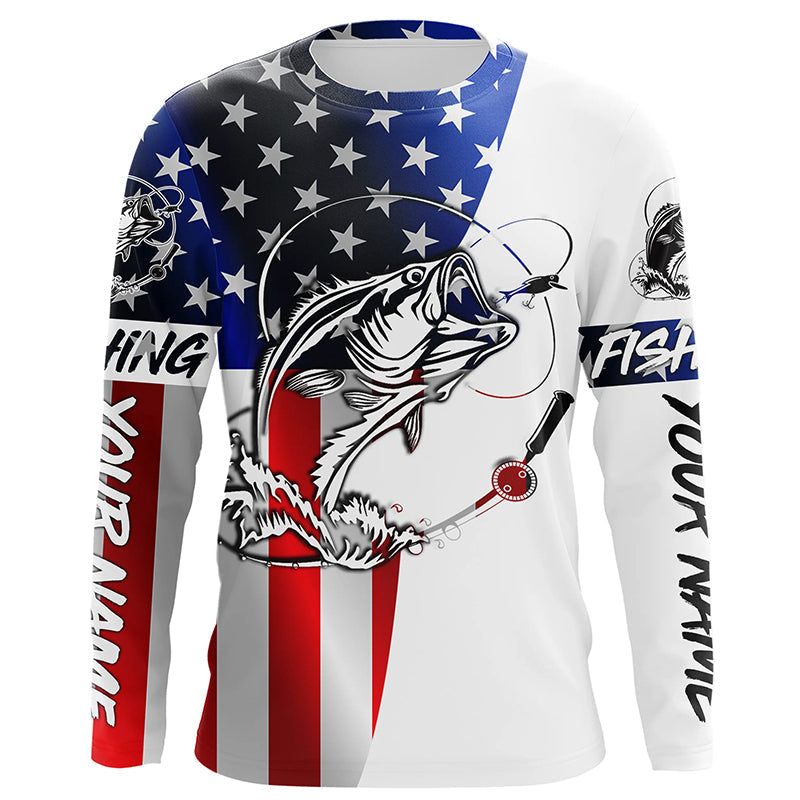 Bass Fishing American Flag Long Sleeve Fishing Shirts, Personalized Patriotic Bass Fishing Jerseys IPHW4131