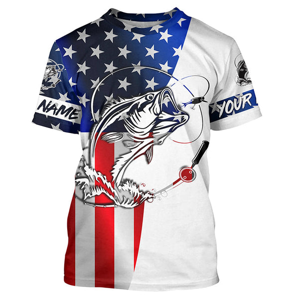 Bass Fishing American Flag Long Sleeve Fishing Shirts, Personalized Patriotic Bass Fishing Jerseys IPHW4131