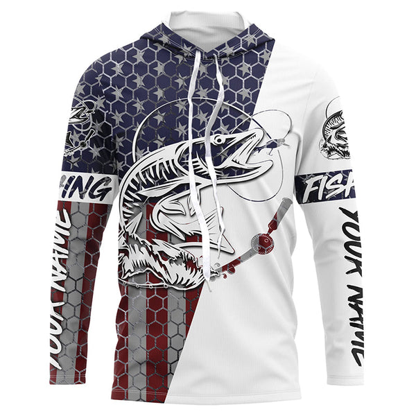 American Flag Musky Custom Long Sleeve Fishing Shirts, Personlized Patriotic Muskie Fishing Jerseys IPHW4144