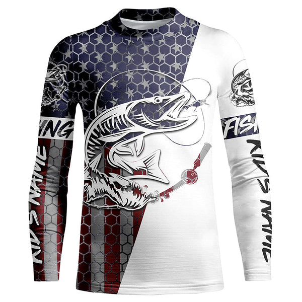 American Flag Musky Custom Long Sleeve Fishing Shirts, Personlized Patriotic Muskie Fishing Jerseys IPHW4144