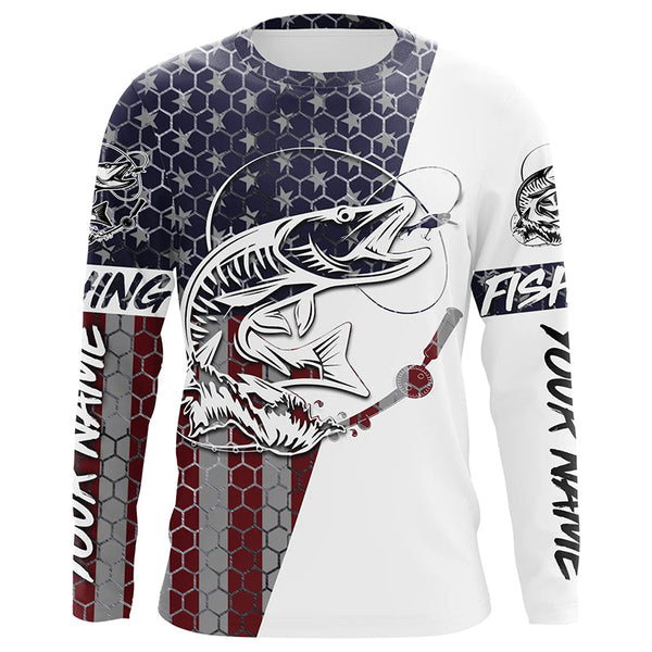 American Flag Musky Custom Long Sleeve Fishing Shirts, Personlized Patriotic Muskie Fishing Jerseys IPHW4144