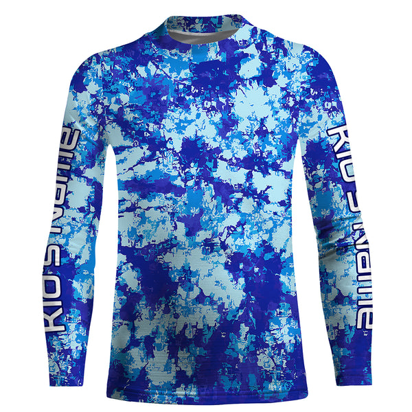 Custom Blue Tie dye camo UV Long Sleeve performance Fishing Shirts, personalized Fishing jerseys for men - IPHW1707