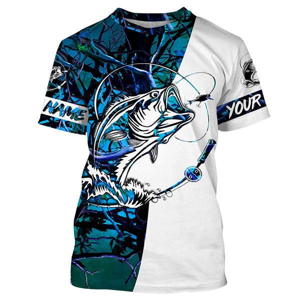 Personalized Bass Fishing Shirts, Bass Fishing tattoo tournament Fishing Shirts | teal blue camo IPHW3572