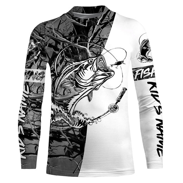 Bass Fishing Custom Long sleeve performance Fishing Shirts, Largemouth Bass Shirts | gray camo IPHW3576
