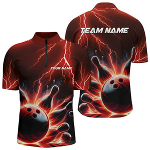 Custom Men Bowling Quarter Zip Shirts Red Thunder Lightning Bowling Strike Bowling Team Shirts IPHW5404