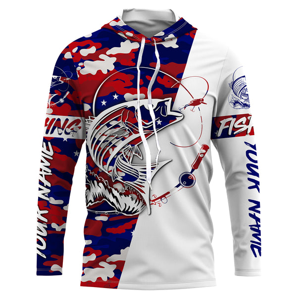 Custom Striped Bass Fishing Red, White And Blue camo Fishing Shirts, Patriotic Bass Fishing jerseys IPHW3200