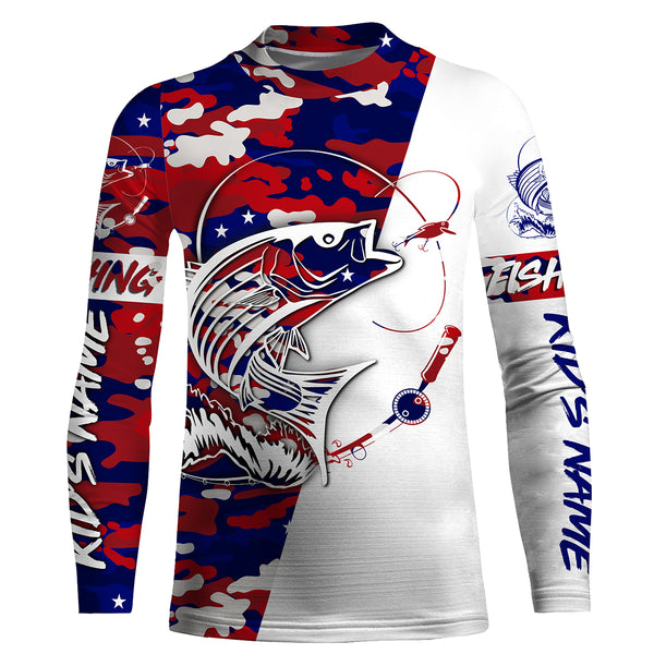 Custom Striped Bass Fishing Red, White And Blue camo Fishing Shirts, Patriotic Bass Fishing jerseys IPHW3200