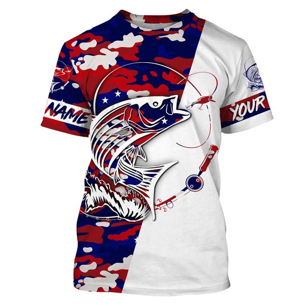 Custom Striped Bass Fishing Red, White And Blue camo Fishing Shirts, Patriotic Bass Fishing jerseys IPHW3200