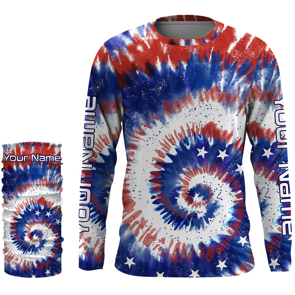 Custom Tie dye American Flag Fishing Shirts, USA Patriotic Fishing gifts UV Protection - IPHW1715