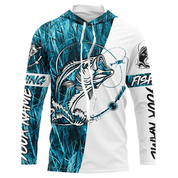 Custom Bass Fishing Tattoo Blue Camo Long Sleeve Tournament Fishing Shirts, Bass Fishing Jerseys IPHW5764