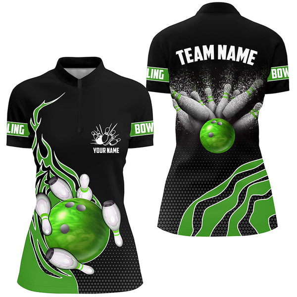 Green Flame Bowling Polo Shirts For Women, Custom Bowling Team Jerseys Bowler Outfits IPHW5218