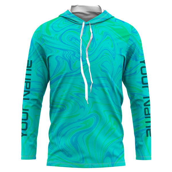 Custom Saltwater Long Sleeve performance Fishing Shirts for anglers | teal blue Sea wave camo Fishing jerseys - IPHW1735