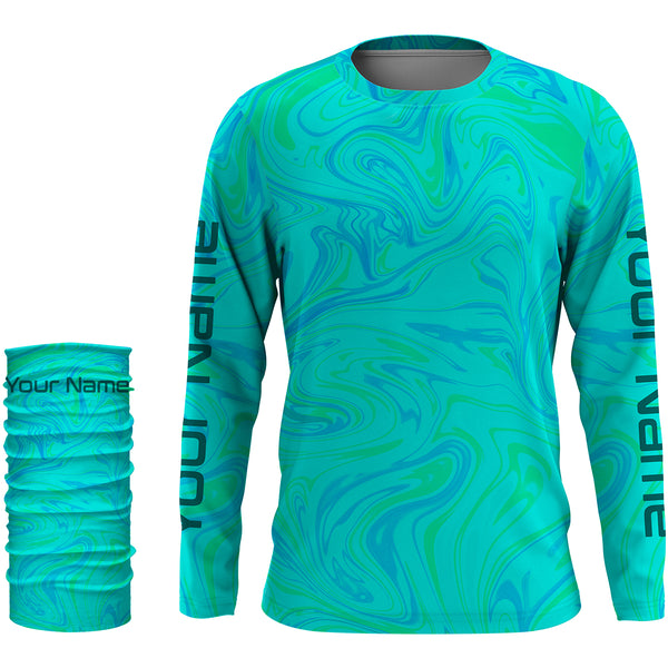 Custom Saltwater Long Sleeve performance Fishing Shirts for anglers | teal blue Sea wave camo Fishing jerseys - IPHW1735