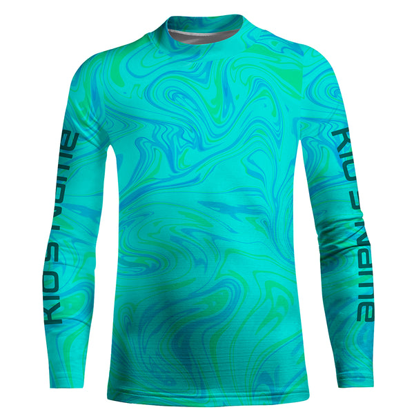 Custom Saltwater Long Sleeve performance Fishing Shirts for anglers | teal blue Sea wave camo Fishing jerseys - IPHW1735