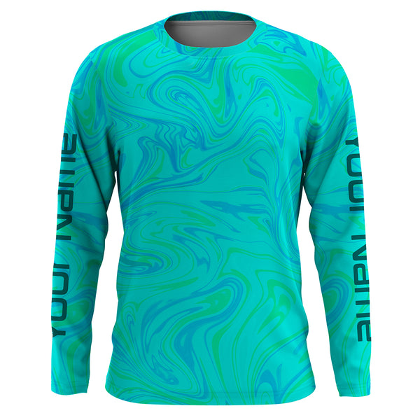 Custom Saltwater Long Sleeve performance Fishing Shirts for anglers | teal blue Sea wave camo Fishing jerseys - IPHW1735