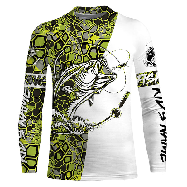 Largemouth Bass Fishing Custom Long Sleeve Shirts, Bass Tournament Fishing Jerseys | Green Camo IPHW3857