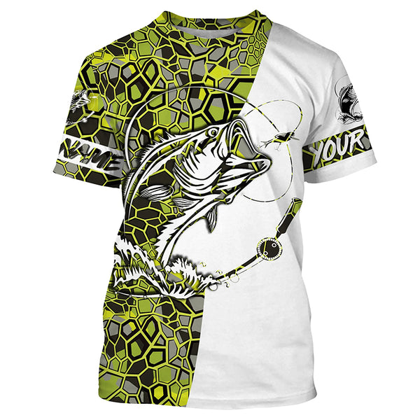 Largemouth Bass Fishing Custom Long Sleeve Shirts, Bass Tournament Fishing Jerseys | Green Camo IPHW3857