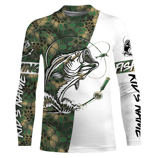 Largemouth Bass Fishing Custom Long Sleeve Shirts, Bass Tournament Fishing Jerseys | Green Camo IPHW3858