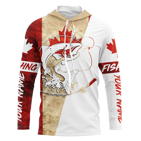 Canada Flag Salmon Fishing Custom long sleeve performance Fishing Shirts, Salmon Fishing jerseys IPHW2863