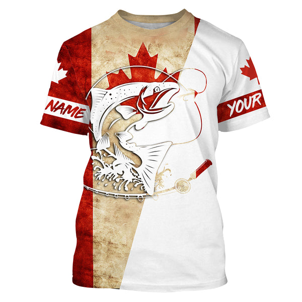 Canada Flag Salmon Fishing Custom long sleeve performance Fishing Shirts, Salmon Fishing jerseys IPHW2863