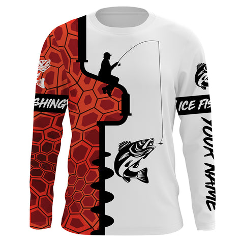 Walleye Ice Fishing Custom UV Long Sleeve performance Fishing Shirts | orange camo - IPHW2351