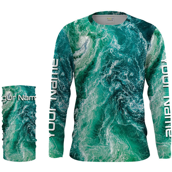 Custom Saltwater Long sleeve Fishing Shirts UV Protection, Sea wave camo Fishing Shirts - IPHW1475