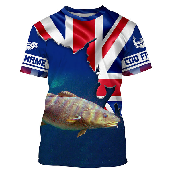 Custom name Atlantic Cod fish UK Flag Fishing Shirts, United Kingdom Cod fish Fishing Shirts IPHW3610