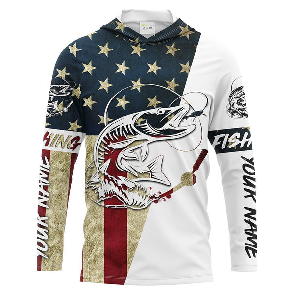 Personalized Musky Fishing American Flag Long Sleeve Fishing Shirts, Patriotic Fishing gifts - IPHW1165