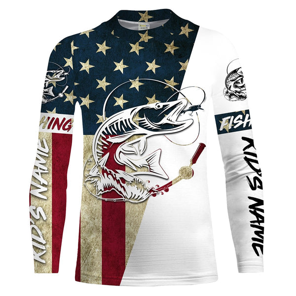 Personalized Musky Fishing American Flag Long Sleeve Fishing Shirts, Patriotic Fishing gifts - IPHW1165