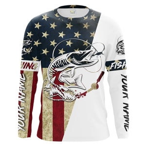 Personalized Musky Fishing American Flag Long Sleeve Fishing Shirts, Patriotic Fishing gifts - IPHW1165