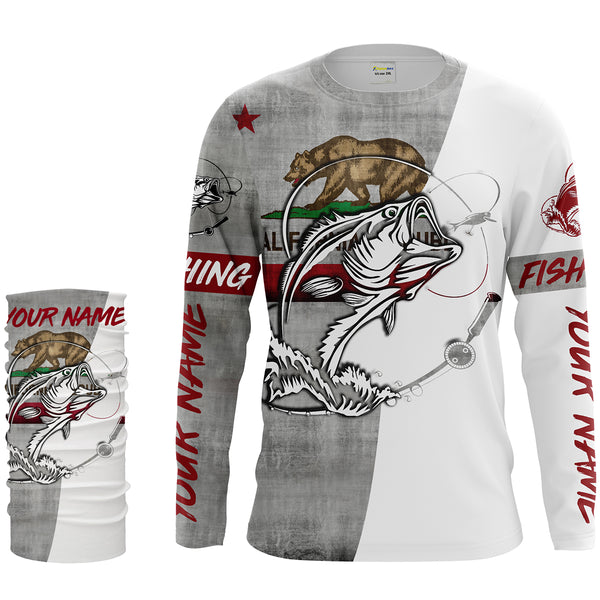 California Bass Fishing Custom Long Sleeve Fishing Shirts, California Flag Fishing Shirts for men - IPHW1609