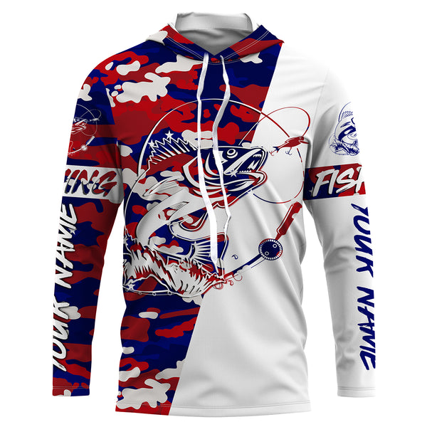 Red,White and Blue camo Custom Walleye Long Sleeve Fishing Shirts, Patriotic Fishing apparel gifts - IPHW2020