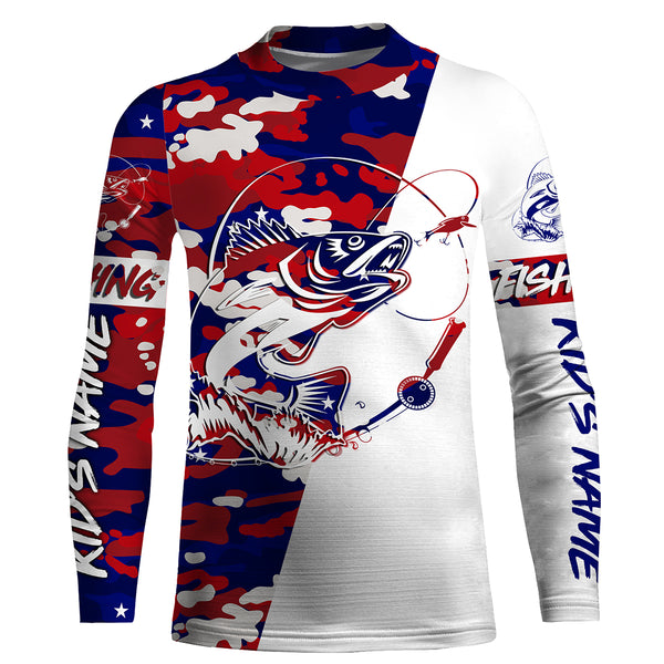 Red,White and Blue camo Custom Walleye Long Sleeve Fishing Shirts, Patriotic Fishing apparel gifts - IPHW2020