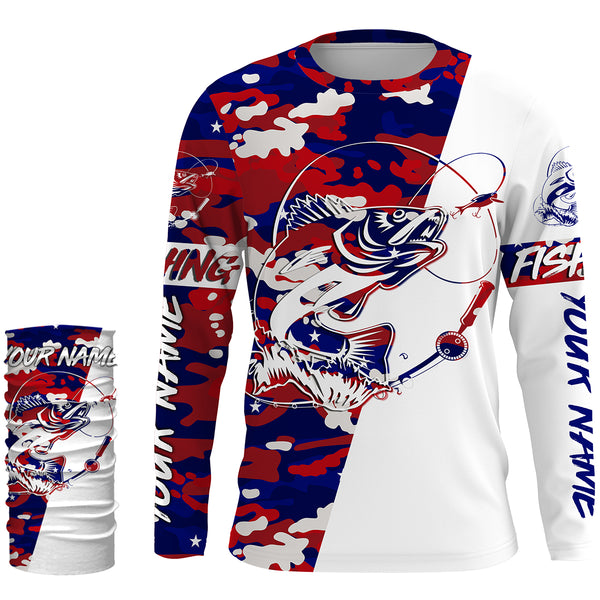 Red,White and Blue camo Custom Walleye Long Sleeve Fishing Shirts, Patriotic Fishing apparel gifts - IPHW2020