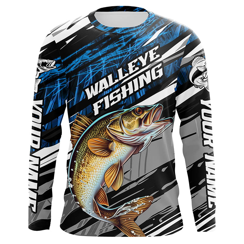 Walleye Fishing Camo Long Sleeve Fishing Shirts, Custom Walleye Tournament Fishing Jerseys | Blue IPHW5957