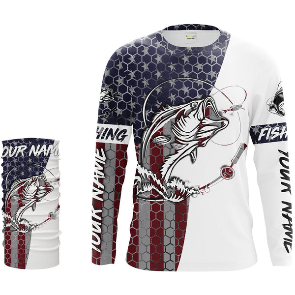 Bass Fishing American Flag Custom Long Sleeve performance Fishing shirts, personlized Patriotic Bass Fishing jerseys - IPHW1382