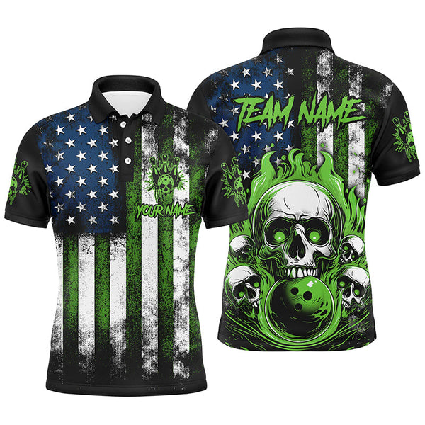 American Flag Flame Skull Custom Bowling Team Shirts, Patriotic Bowling Jerseys IPHW5856